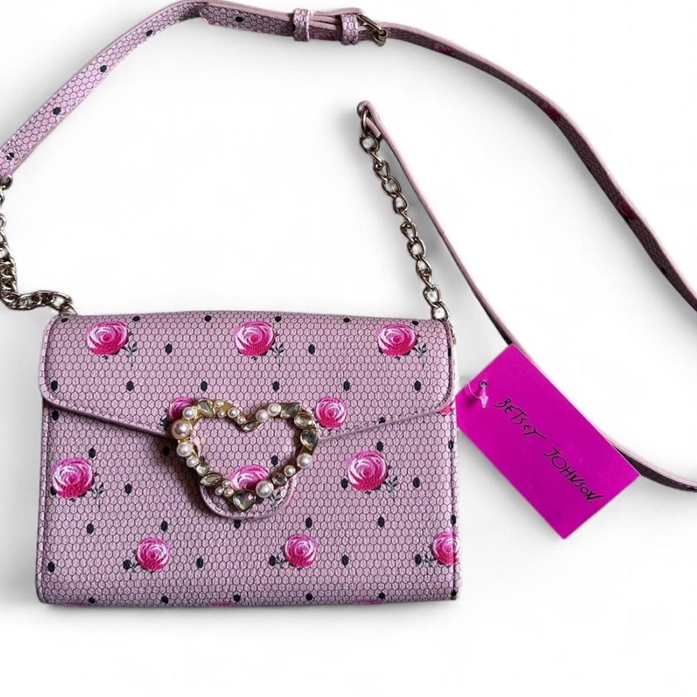 Betsey Johnson Pink Rose-Print Heart Accent Crossbody Bag